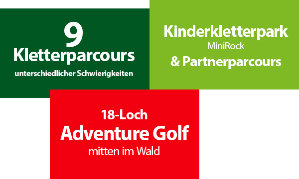 Die Grafik zeigt das Angebot des Kletterparks 9 Parcours, Kinderkletterpark und 18-Loch Adventure Golf