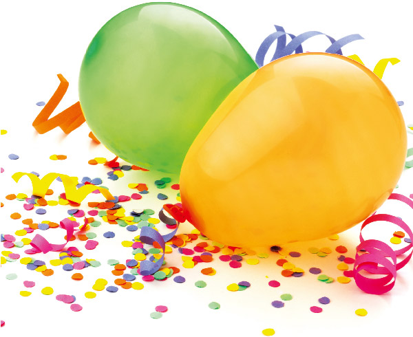 Symbolbild Geburtstagsutensilien 1 grner und 1 gelber Luftballon mit Konfetti und Luftschlangen