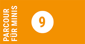Gelbe Grafik mit der Zahl 9 mit der Aufschrift Parcour fr Minis